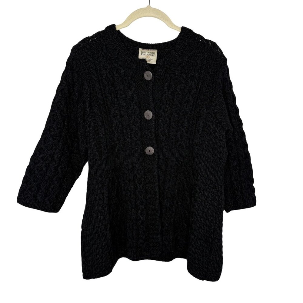 Kilronan Knitwear Black Cable Knit Merino Wool Sweater, S